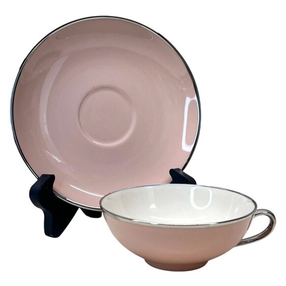 6 Gladding McBean Franciscan China Magnolia Pink Platinum Trim Cups & Saucers - Picture 5 of 11